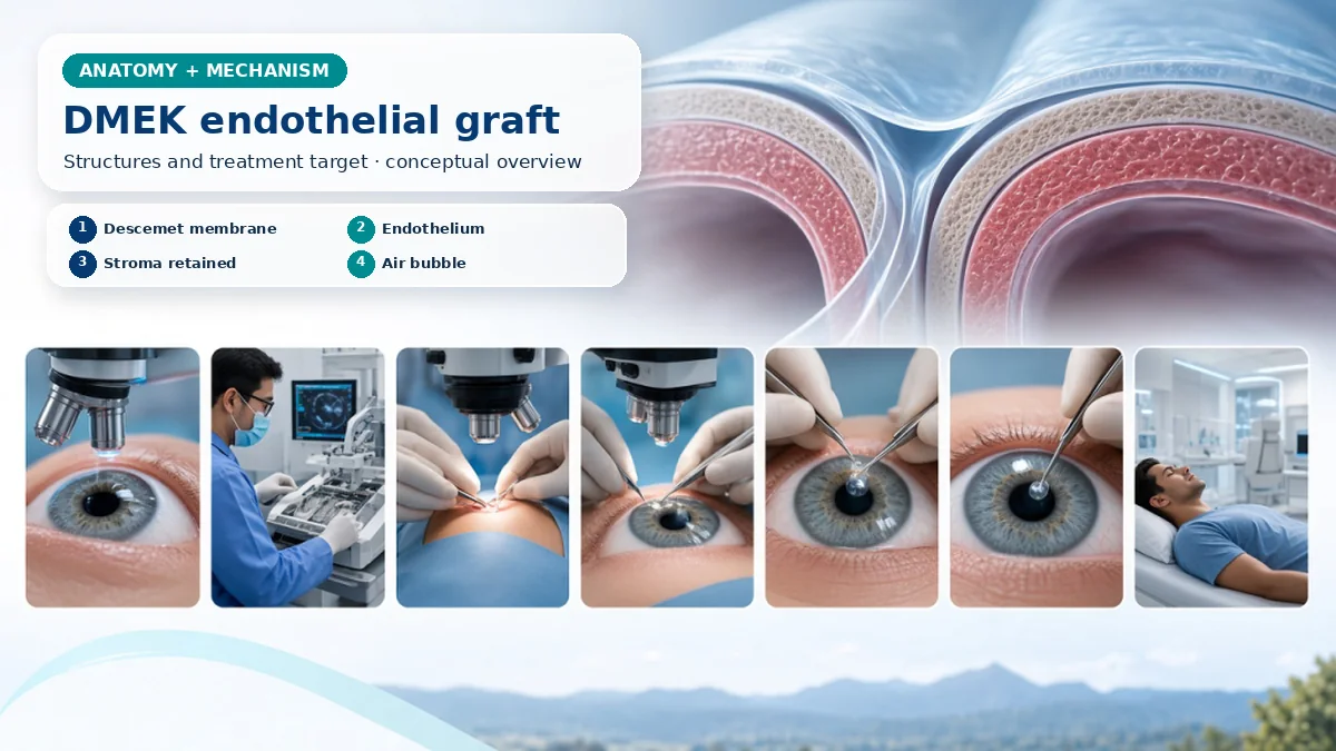 Realistic DMEK anatomy and mechanism composition showing DMEK replaces diseased Descemet membrane and endothelium with a very thin donor membrane while retaining the recipient's anterior cornea and stroma. with procedure-specific clinical examination scenes