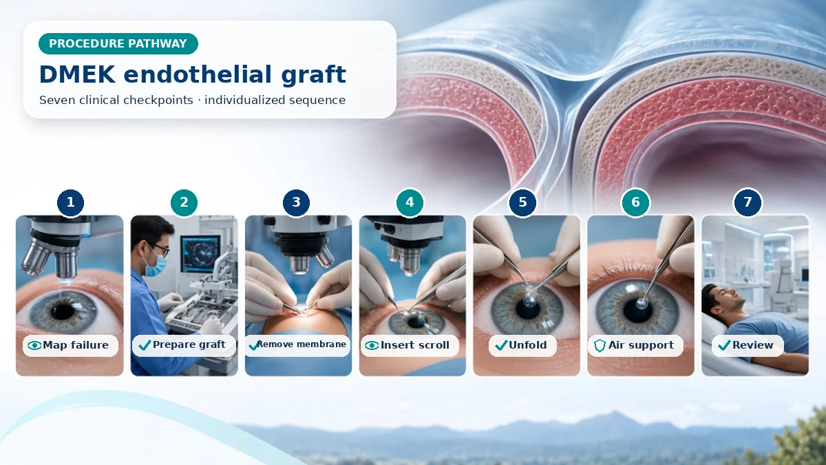 Realistic numbered DMEK pathway showing assessment, preparation, Recipient Descemet membrane is removed, a donor membrane scroll is injected and unfolded, and an air or gas bubble supports attachment. and immediate clinical review