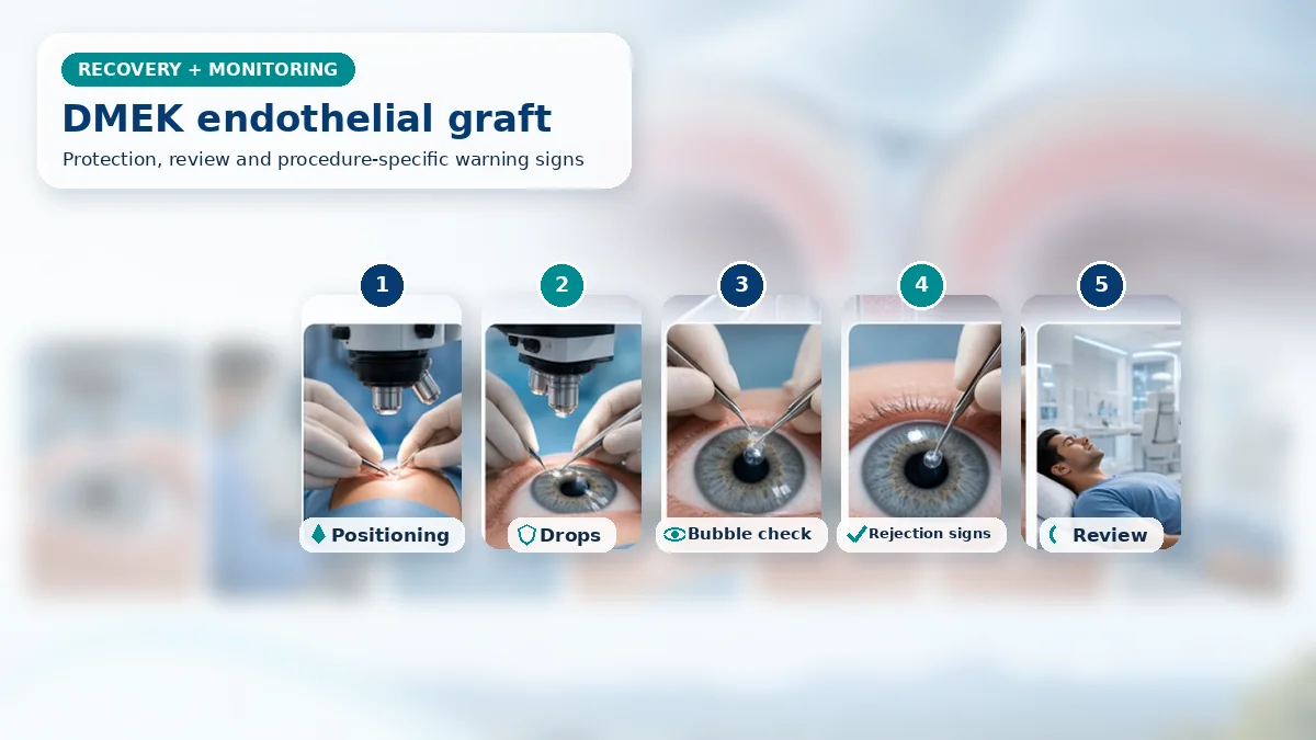 Realistic DMEK recovery composition with patient-care scenes showing monitoring, protection, follow-up and urgent review after DMEK