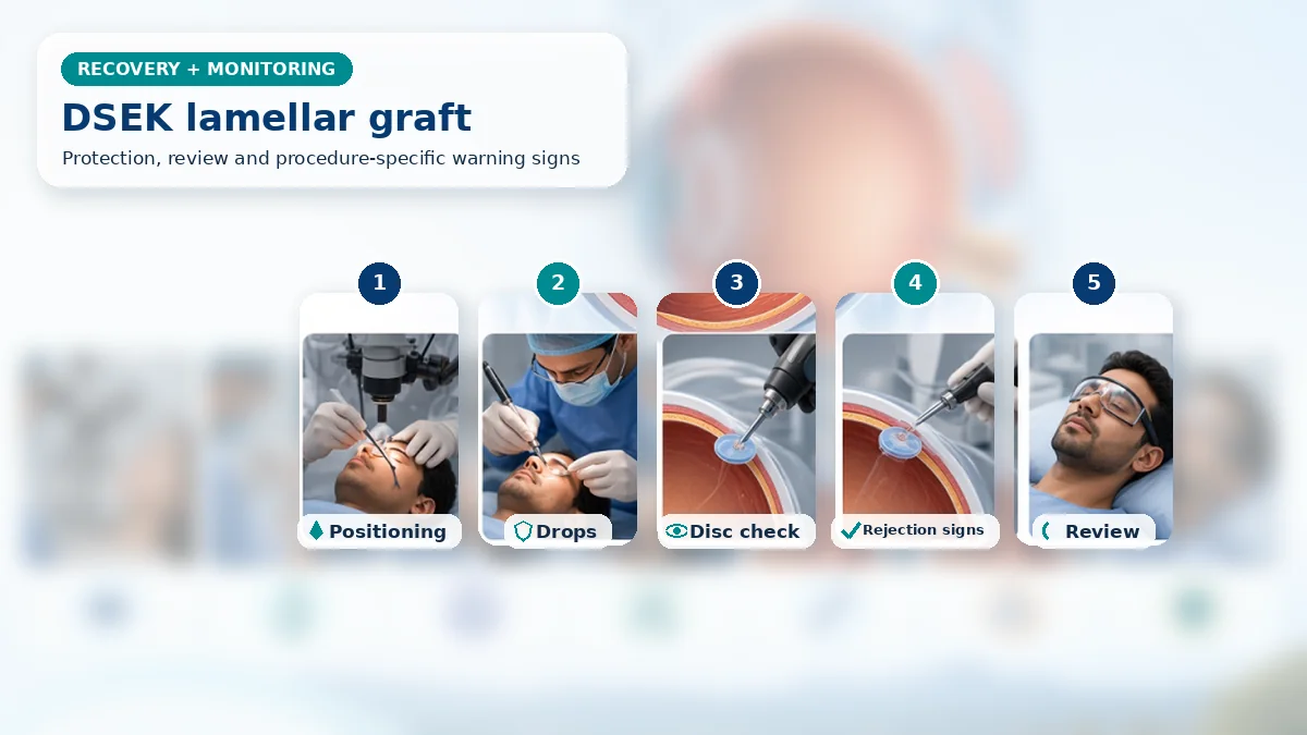 Realistic DSEK recovery composition with patient-care scenes showing monitoring, protection, follow-up and urgent review after DSEK