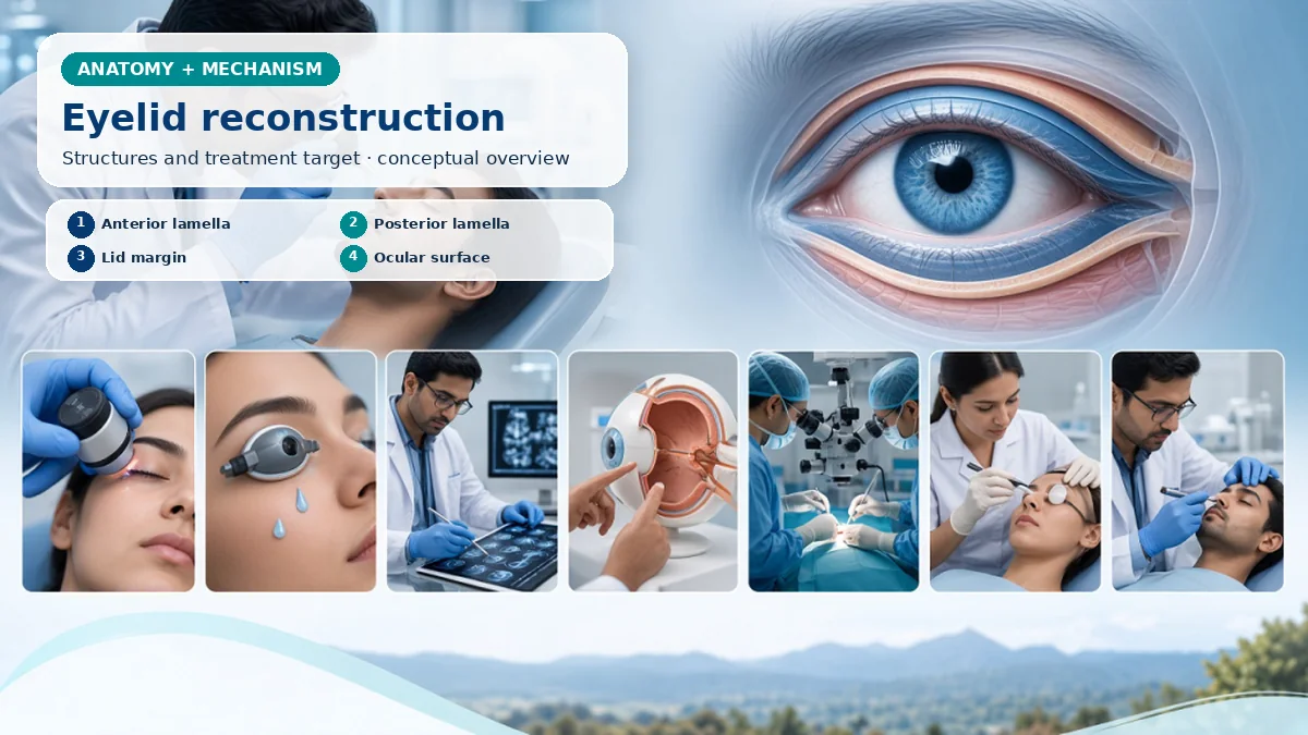 Realistic Eyelid Reconstruction Surgery anatomy and mechanism composition showing Eyelid reconstruction restores anterior and posterior lamellae, lid margin, canthal support and closure needed to protect the cornea. with procedure-specific clinical examination scenes