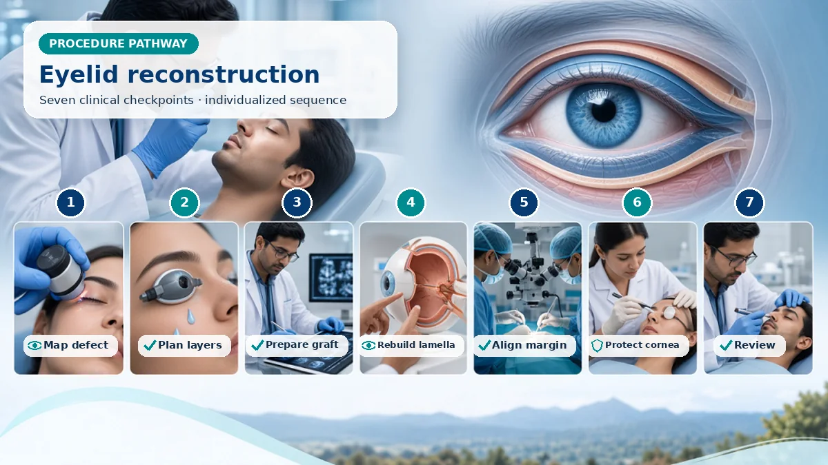 Realistic numbered Eyelid Reconstruction Surgery pathway showing assessment, preparation, The surgeon reconstructs missing layers with local advancement or rotation, flap, graft or staged technique while aligning margin and protecting the globe. and immediate clinical review
