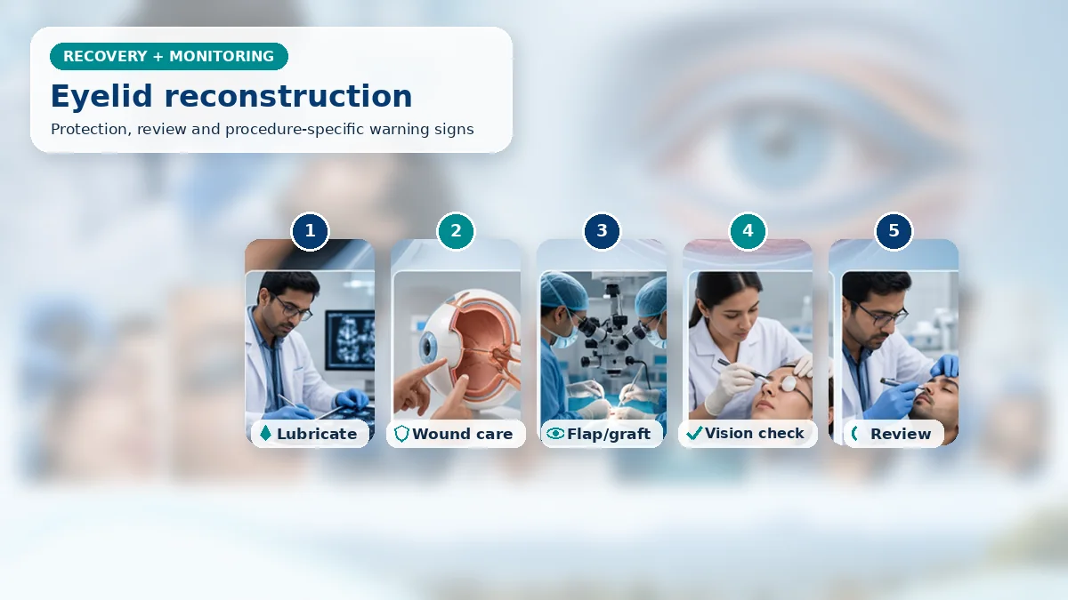 Realistic Eyelid Reconstruction Surgery recovery composition with patient-care scenes showing monitoring, protection, follow-up and urgent review after eyelid reconstruction