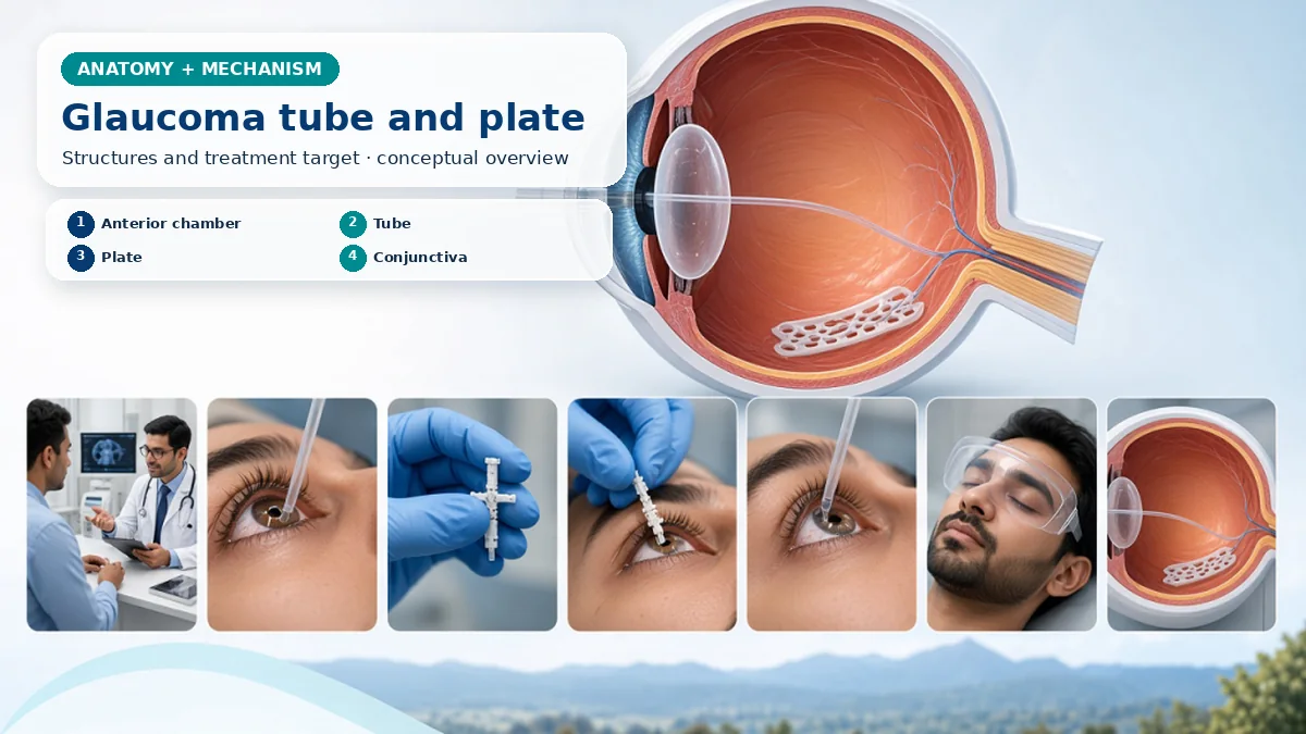 Realistic Glaucoma Drainage Device / Valve Implantation anatomy and mechanism composition showing A glaucoma drainage device uses a tube from the anterior chamber or another chosen location to carry aqueous toward a plate secured beneath conjunctiva. with procedure-specific clinical examination scenes