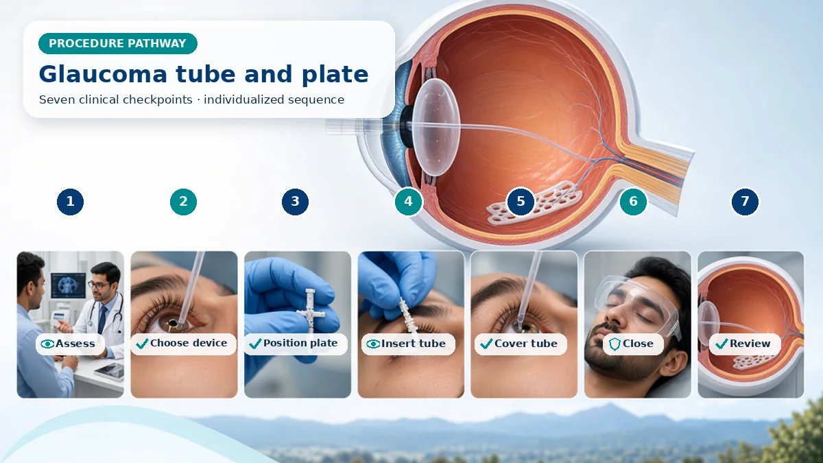 Realistic numbered Glaucoma Drainage Device / Valve Implantation pathway showing assessment, preparation, The surgeon positions the plate, primes or ligates the named device as appropriate, inserts and covers the tube and closes conjunctiva. and immediate clinical review