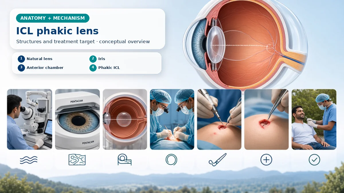 Realistic ICL (Implantable Collamer Lens) anatomy and mechanism composition showing An ICL is a phakic lens placed behind the iris and in front of the natural crystalline lens, leaving the natural lens inside the eye. with procedure-specific clinical examination scenes
