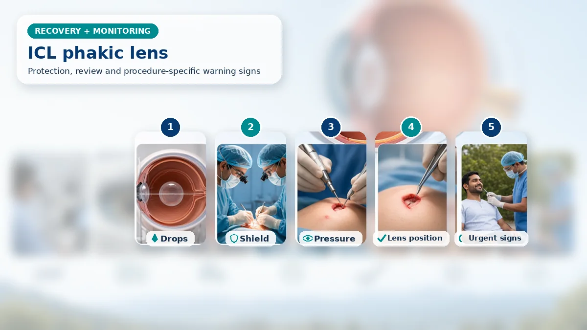 Realistic ICL (Implantable Collamer Lens) recovery composition with patient-care scenes showing monitoring, protection, follow-up and urgent review after implantable collamer lens surgery