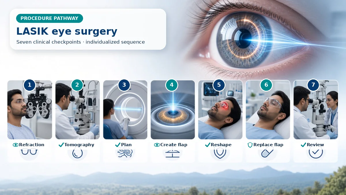 Realistic numbered LASIK Eye Surgery pathway showing assessment, preparation, A femtosecond laser or microkeratome creates a flap, excimer laser ablates calculated stromal tissue, and the flap is repositioned without routine sutures. and immediate clinical review