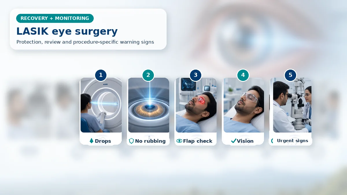 Realistic LASIK Eye Surgery recovery composition with patient-care scenes showing monitoring, protection, follow-up and urgent review after LASIK