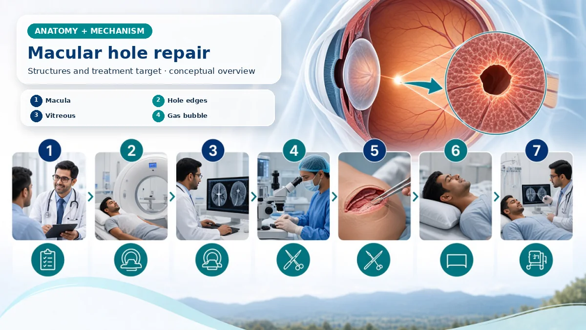Realistic Macular Hole Surgery anatomy and mechanism composition showing A macular hole is a central full-thickness retinal defect; vitreomacular traction and internal limiting membrane relationships guide surgery. with procedure-specific clinical examination scenes