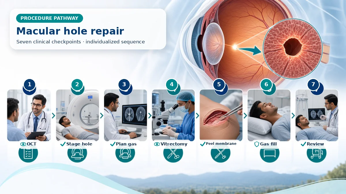 Realistic numbered Macular Hole Surgery pathway showing assessment, preparation, Vitrectomy releases traction, a fine membrane peel is commonly performed around the macula, and an air or gas bubble supports closure while healing. and immediate clinical review