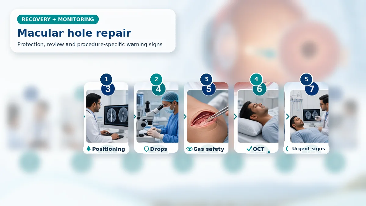 Realistic Macular Hole Surgery recovery composition with patient-care scenes showing monitoring, protection, follow-up and urgent review after macular hole surgery