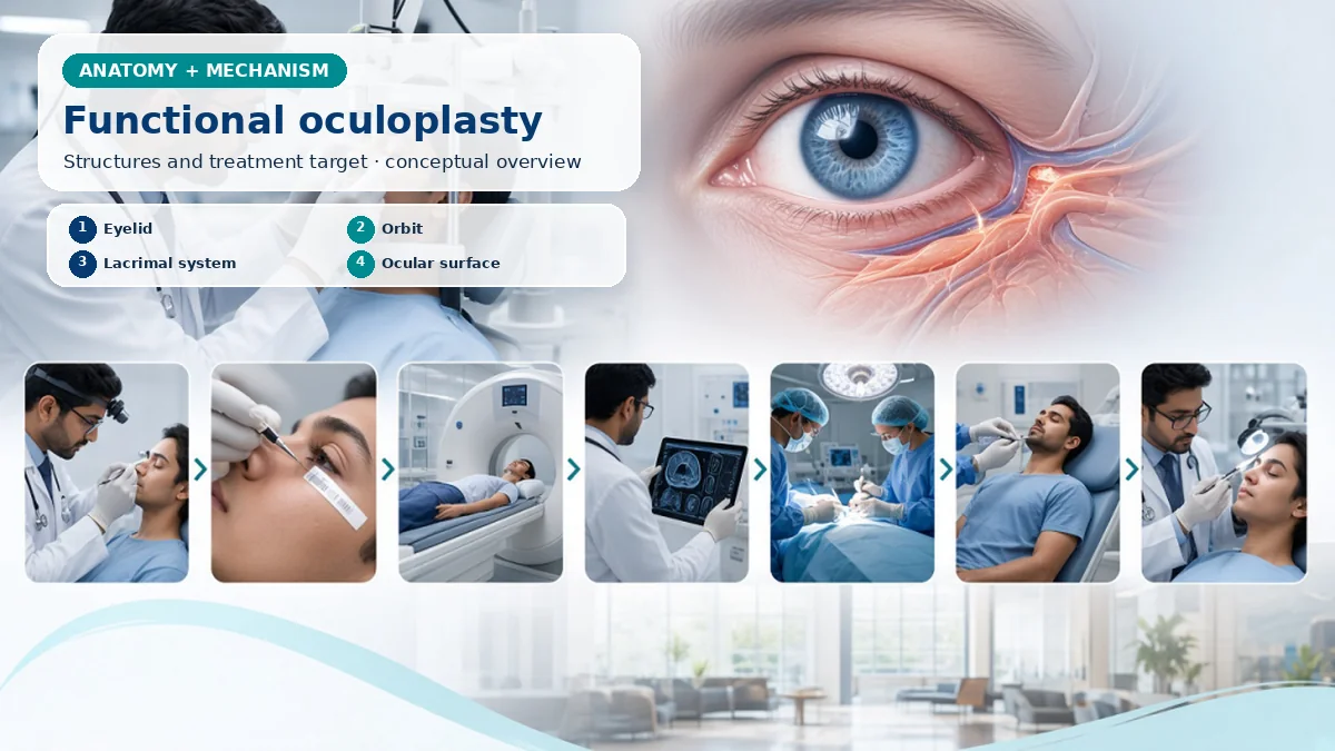 Realistic Oculoplastic Surgery anatomy and mechanism composition showing Oculoplastic surgery covers functional disease of eyelids, orbit and lacrimal structures that protect the globe and ocular surface. with procedure-specific clinical examination scenes