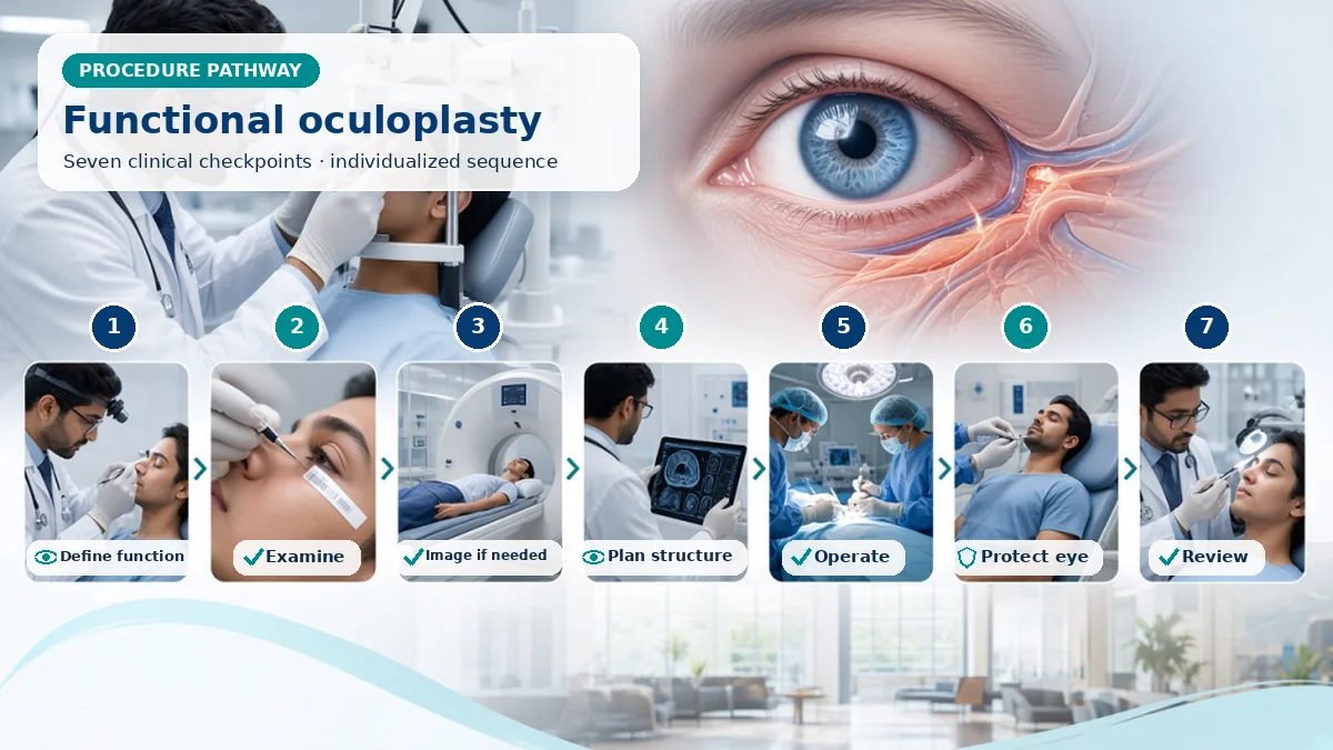 Realistic numbered Oculoplastic Surgery pathway showing assessment, preparation, The surgeon repairs the specifically diagnosed lid, orbital or lacrimal structure using an approach matched to function and tissue requirements. and immediate clinical review