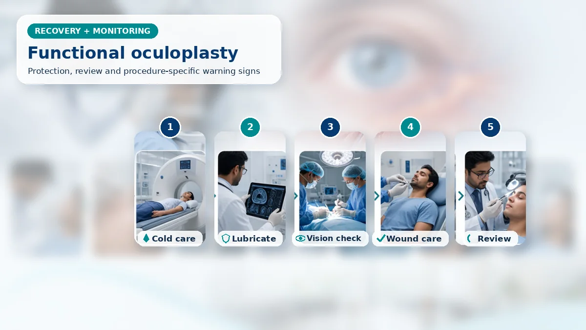 Realistic Oculoplastic Surgery recovery composition with patient-care scenes showing monitoring, protection, follow-up and urgent review after functional oculoplastic surgery