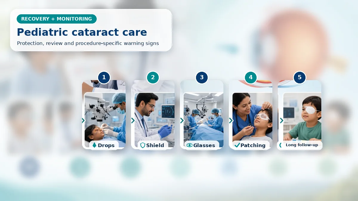 Realistic Pediatric Cataract Surgery recovery composition with patient-care scenes showing monitoring, protection, follow-up and urgent review after pediatric cataract surgery