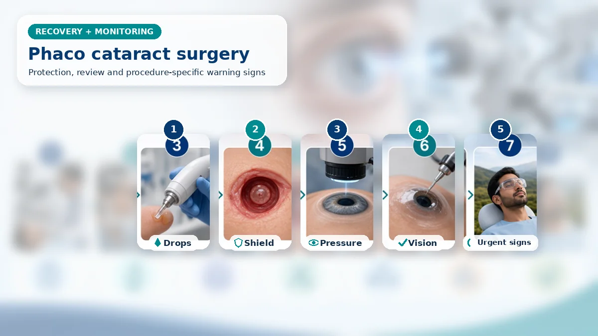 Realistic Phacoemulsification Cataract Surgery recovery composition with patient-care scenes showing monitoring, protection, follow-up and urgent review after phacoemulsification cataract surgery