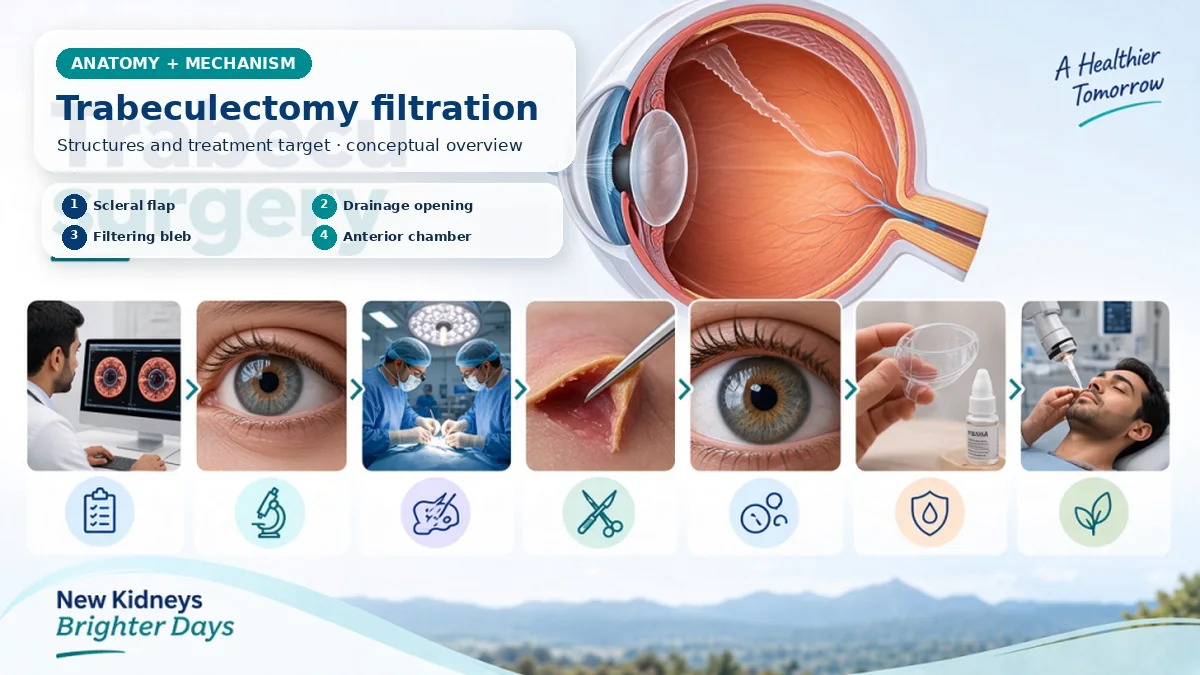 Realistic Trabeculectomy anatomy and mechanism composition showing Trabeculectomy creates a guarded drainage channel through sclera so aqueous collects beneath conjunctiva in a filtering bleb. with procedure-specific clinical examination scenes
