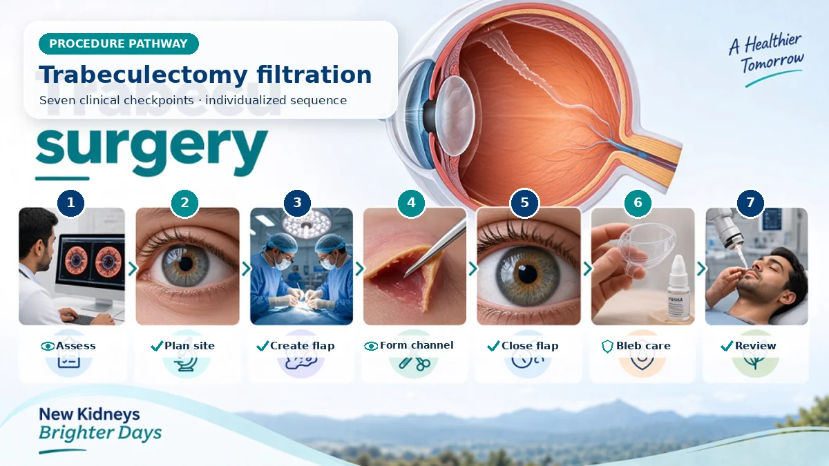 Realistic numbered Trabeculectomy pathway showing assessment, preparation, The surgeon creates conjunctival and scleral flaps, forms an internal opening, modulates scarring, closes the guarded flap and shapes the bleb. and immediate clinical review