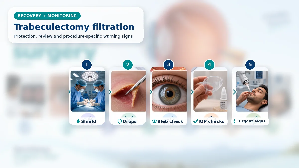 Realistic Trabeculectomy recovery composition with patient-care scenes showing monitoring, protection, follow-up and urgent review after trabeculectomy