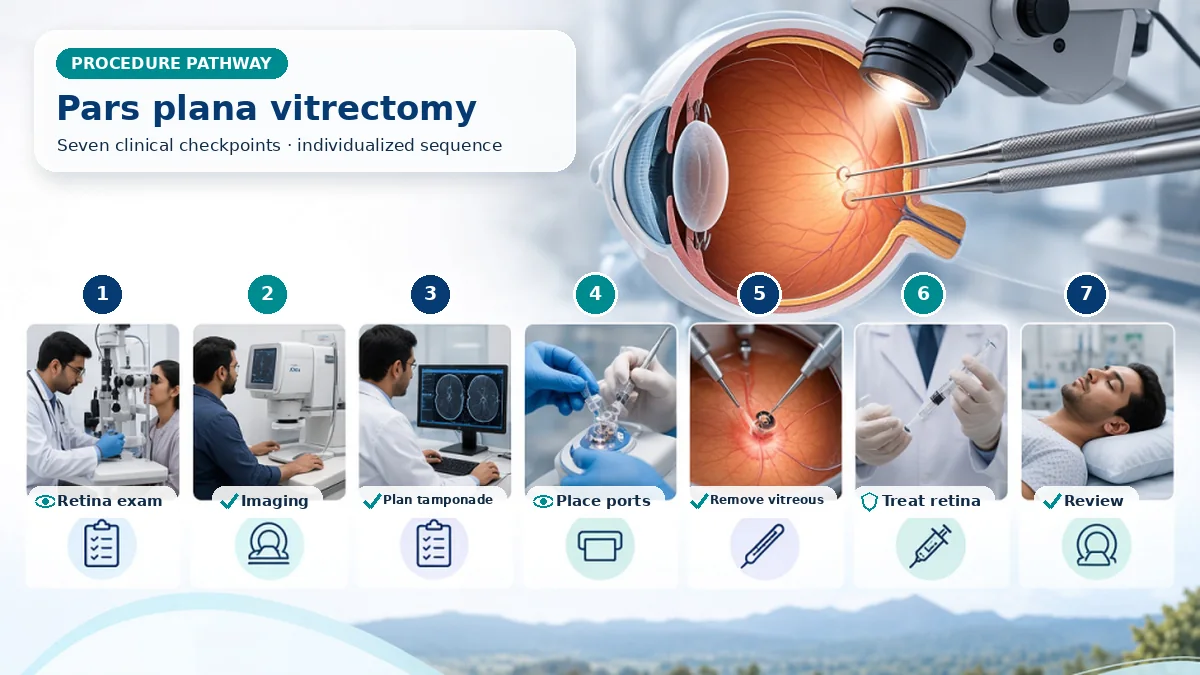 Realistic numbered Vitrectomy pathway showing assessment, preparation, Small ports provide illumination, infusion and cutting; vitreous and indicated membranes are removed, retinal treatment is completed and a chosen tamponade may be placed. and immediate clinical review