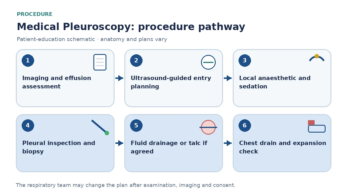 Medical-pleuroscopy pathway showing imaging and fluid review, ultrasound entry planning, local anaesthetic and sedation, pleural inspection and biopsies, optional talc or drainage, then chest-tube care
