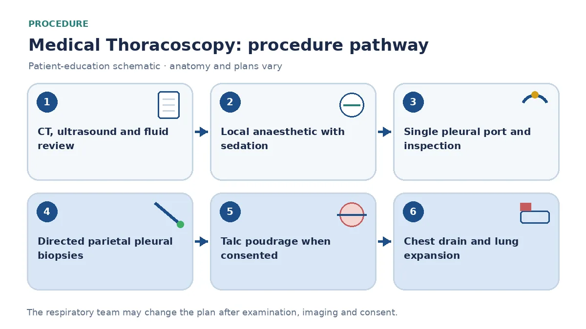Medical-thoracoscopy pathway showing CT and ultrasound review, local anaesthetic and sedation, safe pleural entry, visual biopsies, separately consented talc poudrage and chest-drain placement