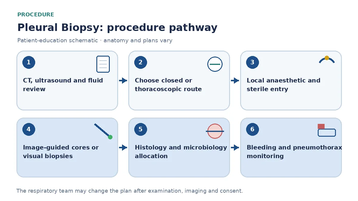 Pleural-biopsy pathway showing CT and ultrasound review, route selection, local anaesthetic sterile entry, image-guided cores or visual thoracoscopic samples, laboratory allocation and complication observation