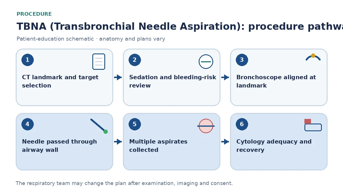 Conventional-TBNA pathway showing contrast-CT landmark selection, bleeding-risk review, bronchoscope alignment, protected needle puncture, repeated labelled aspirates, cytology preparation and recovery