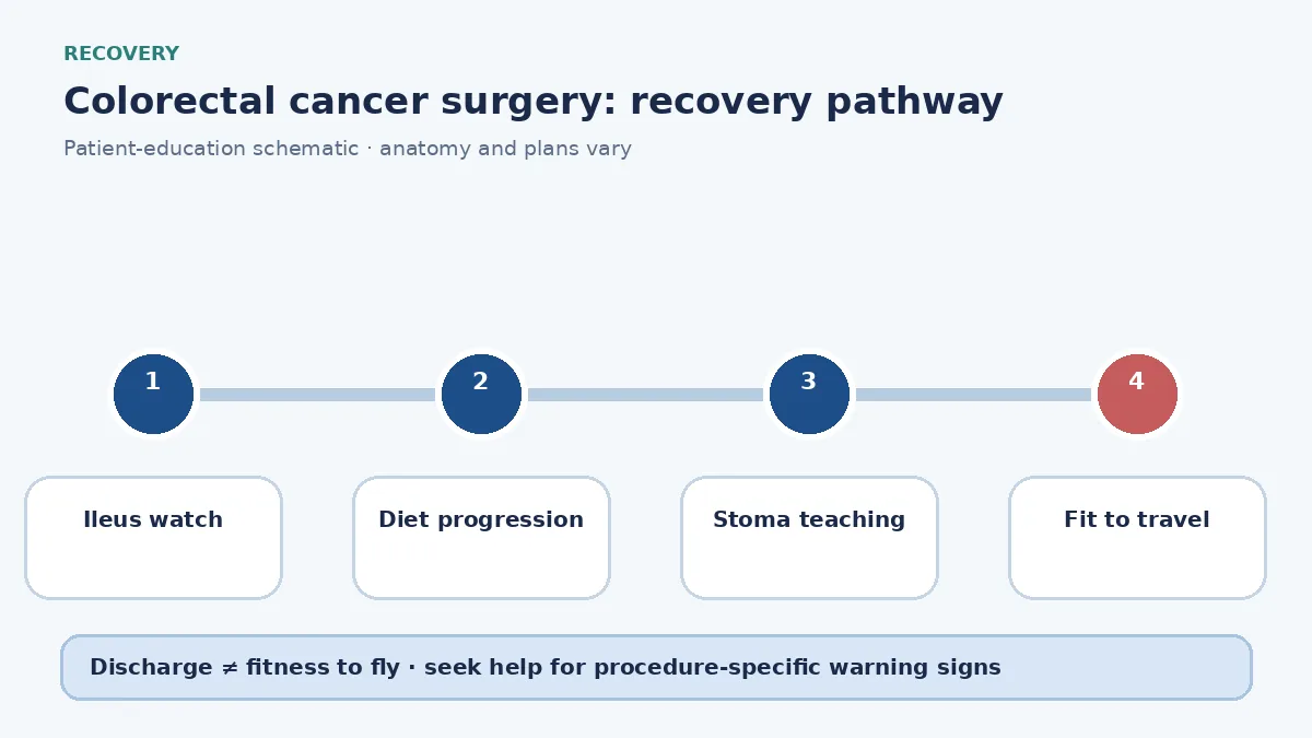 Colorectal-cancer surgery recovery pathway showing ileus watch, diet progression and stoma teaching where relevant