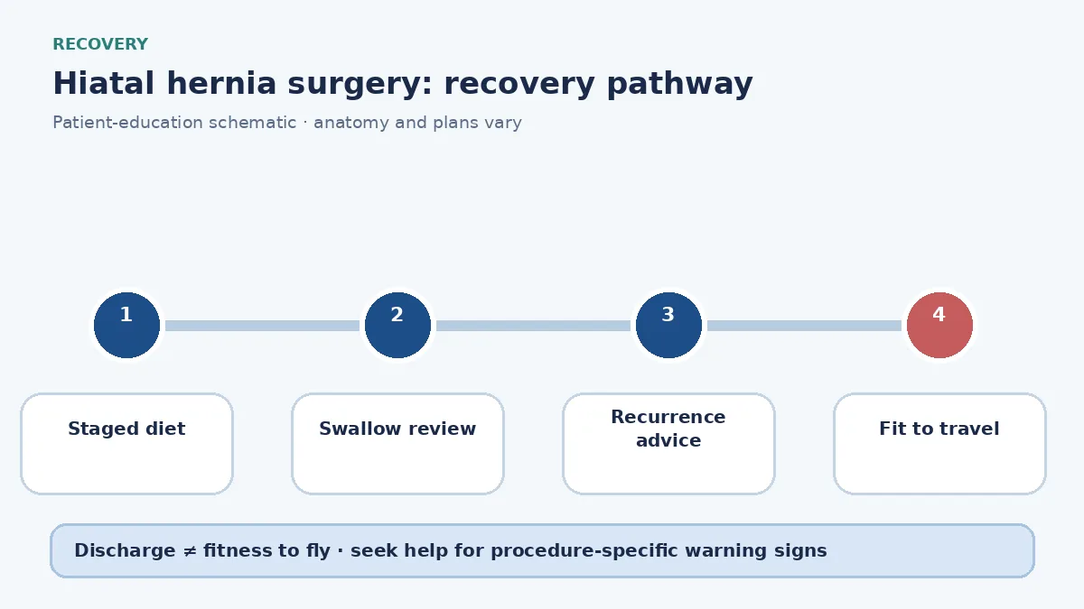 Hiatal-hernia surgery recovery pathway showing staged diet, swallow review and lifting restrictions
