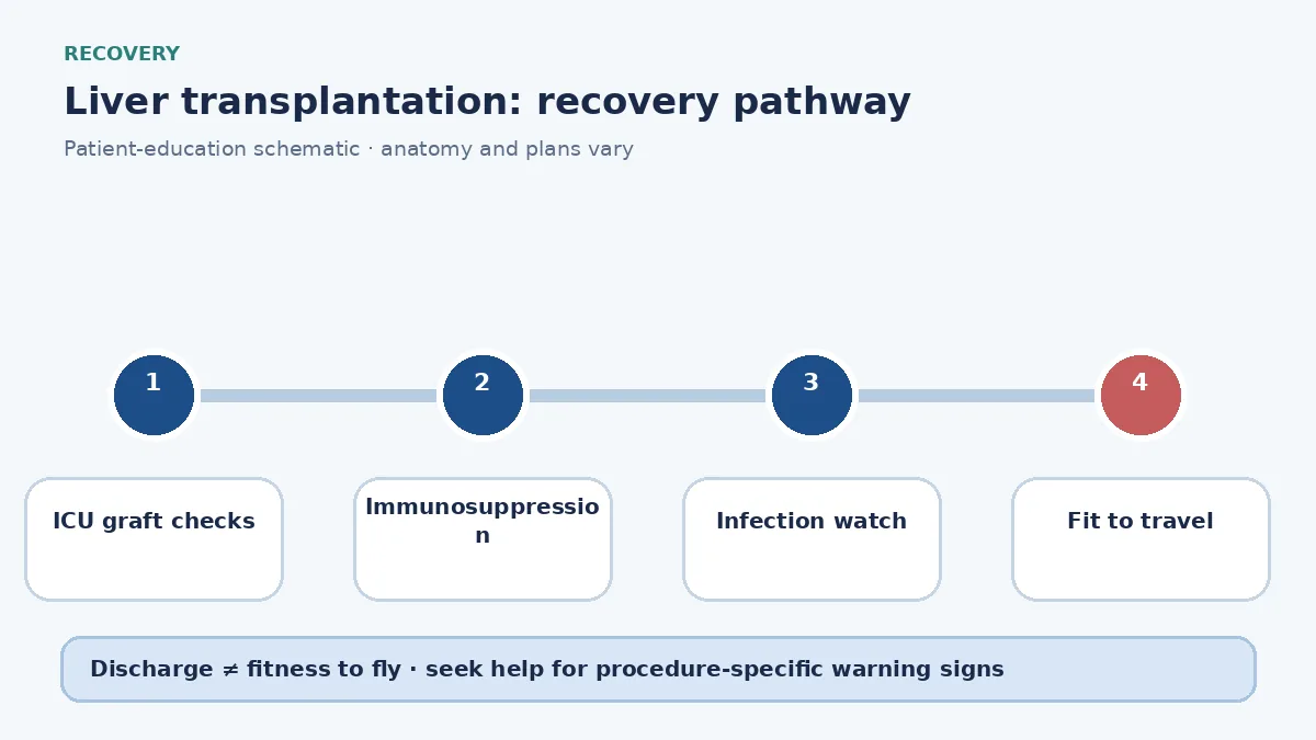 Liver-transplant recovery pathway showing ICU graft monitoring, immunosuppression review and travel clearance