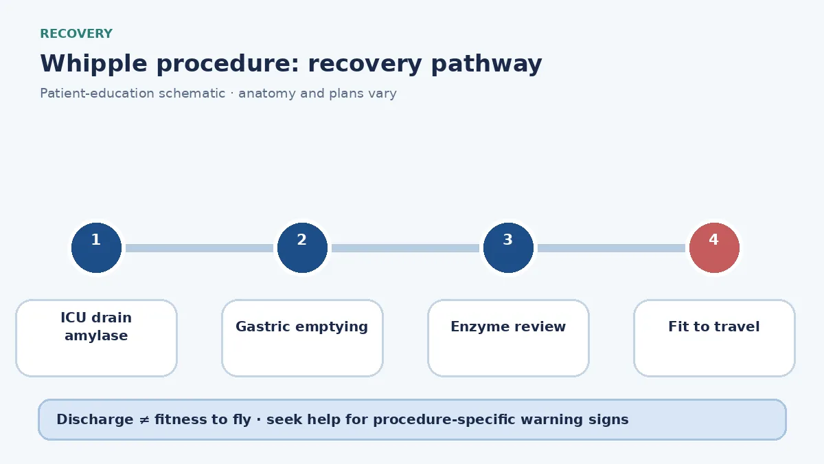 Whipple recovery pathway showing ICU drain monitoring, delayed gastric emptying review and nutrition follow-up