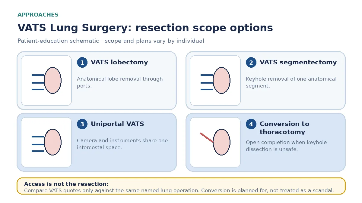Medical infographic comparing VATS lobectomy, VATS segmentectomy, uniportal access and conversion to open thoracotomy when keyhole dissection cannot finish the same anatomical resection.