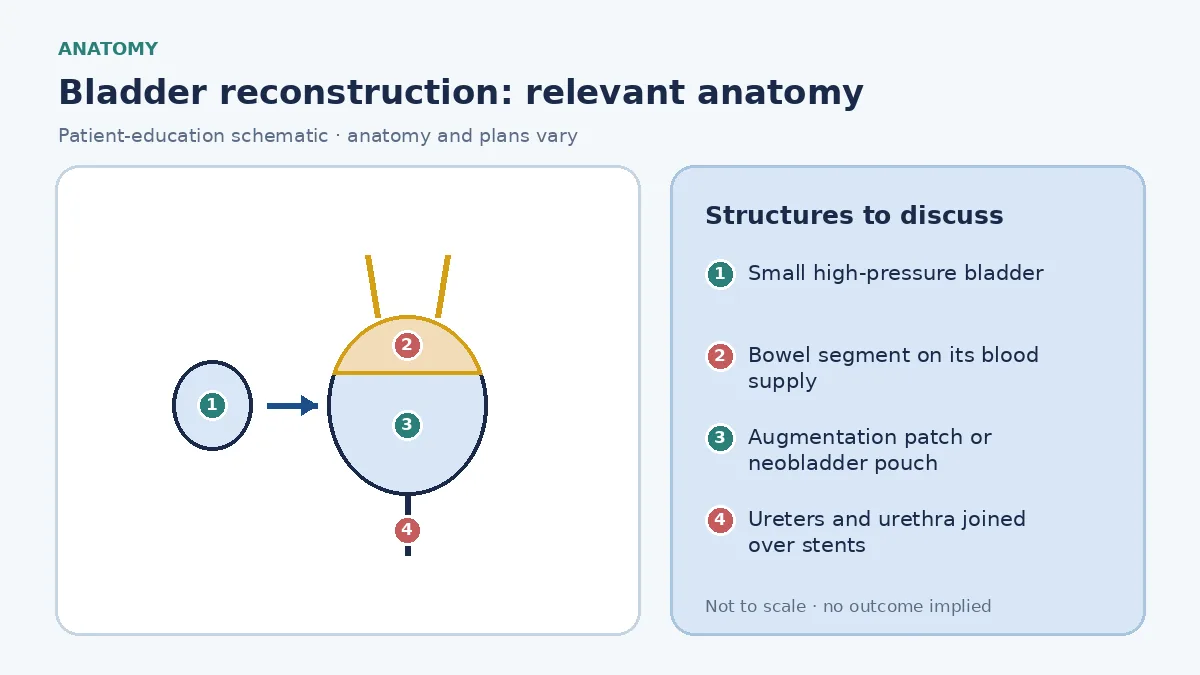 Medical infographic of bladder reconstruction anatomy showing a small high-pressure bladder alongside an augmented bladder with a bowel patch and an orthotopic neobladder pouch joined to the ureters and urethra