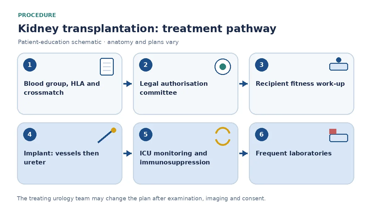 Step-by-step kidney transplantation pathway infographic showing compatibility testing and legal approval, recipient fitness work-up, the recipient operation with vascular and ureteric anastomoses, ICU monitoring and immunosuppression