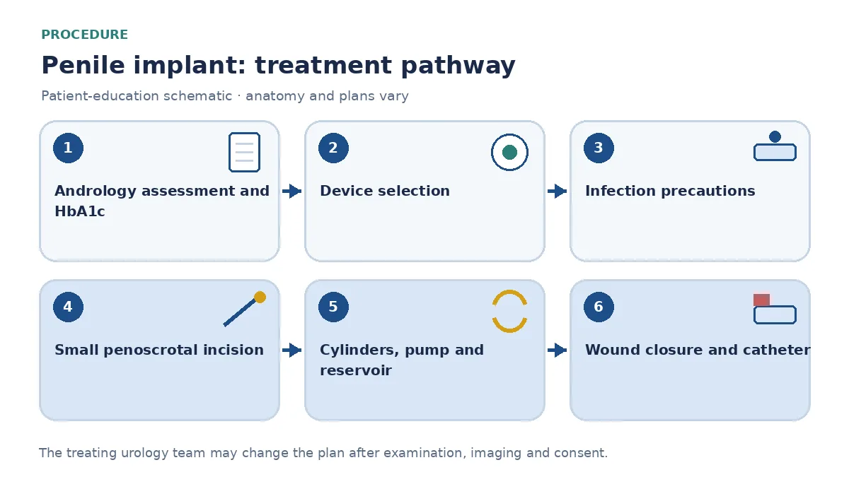 Step-by-step penile implant pathway infographic showing andrology assessment and glucose check, device selection, infection precautions, small penoscrotal incision, cylinder placement and pump and reservoir positioning, and wound closure