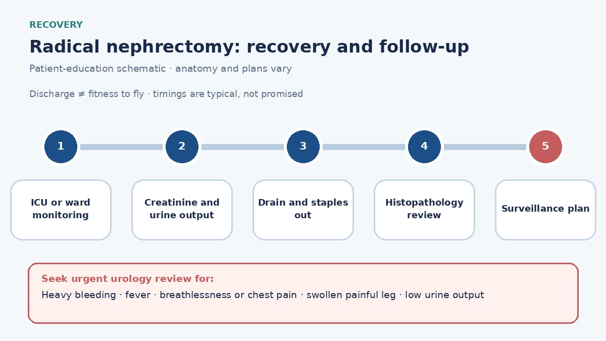 Radical nephrectomy recovery pathway infographic showing ICU or ward monitoring, creatinine and urine-output checks, drain removal, histopathology review and surveillance planning before travel