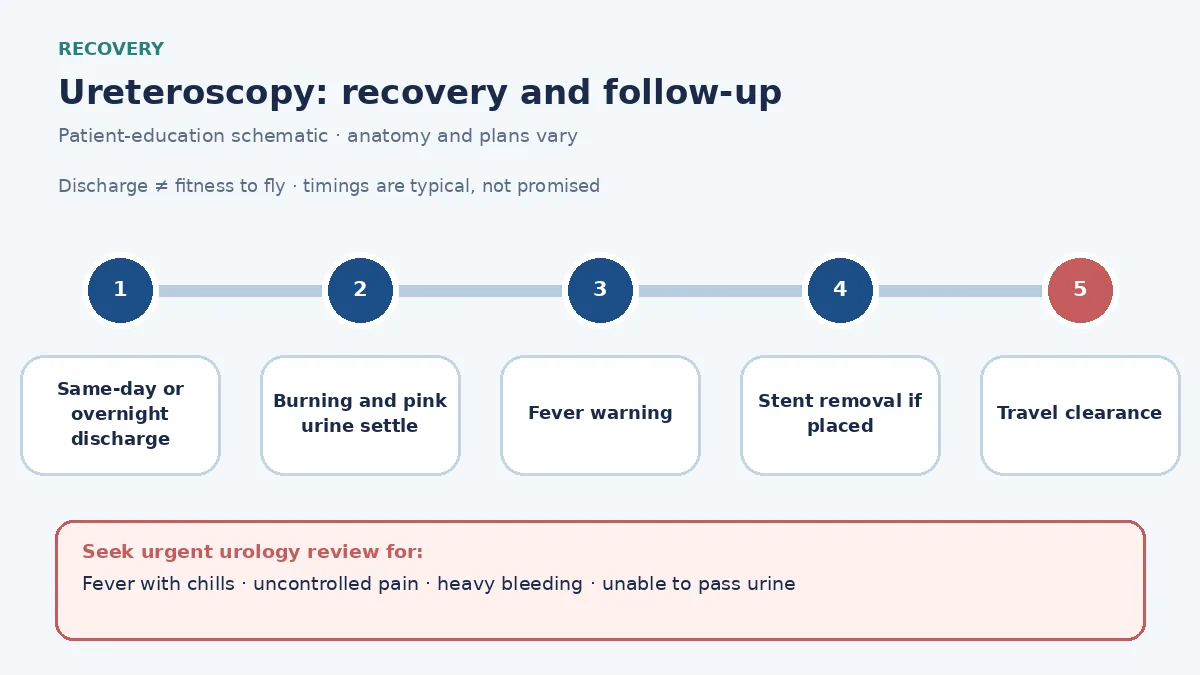 Ureteroscopy recovery pathway infographic showing same-day or overnight discharge, burning and pink urine expectations, fever warning, stent-removal plan and travel clearance