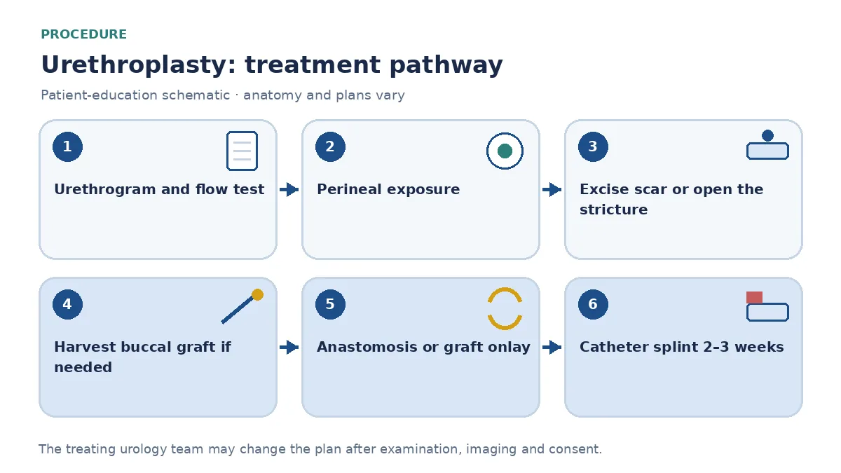 Step-by-step urethroplasty pathway infographic showing retrograde urethrogram and flow test, perineal exposure of the urethra, excision or graft placement, buccal graft harvest and catheter splinting