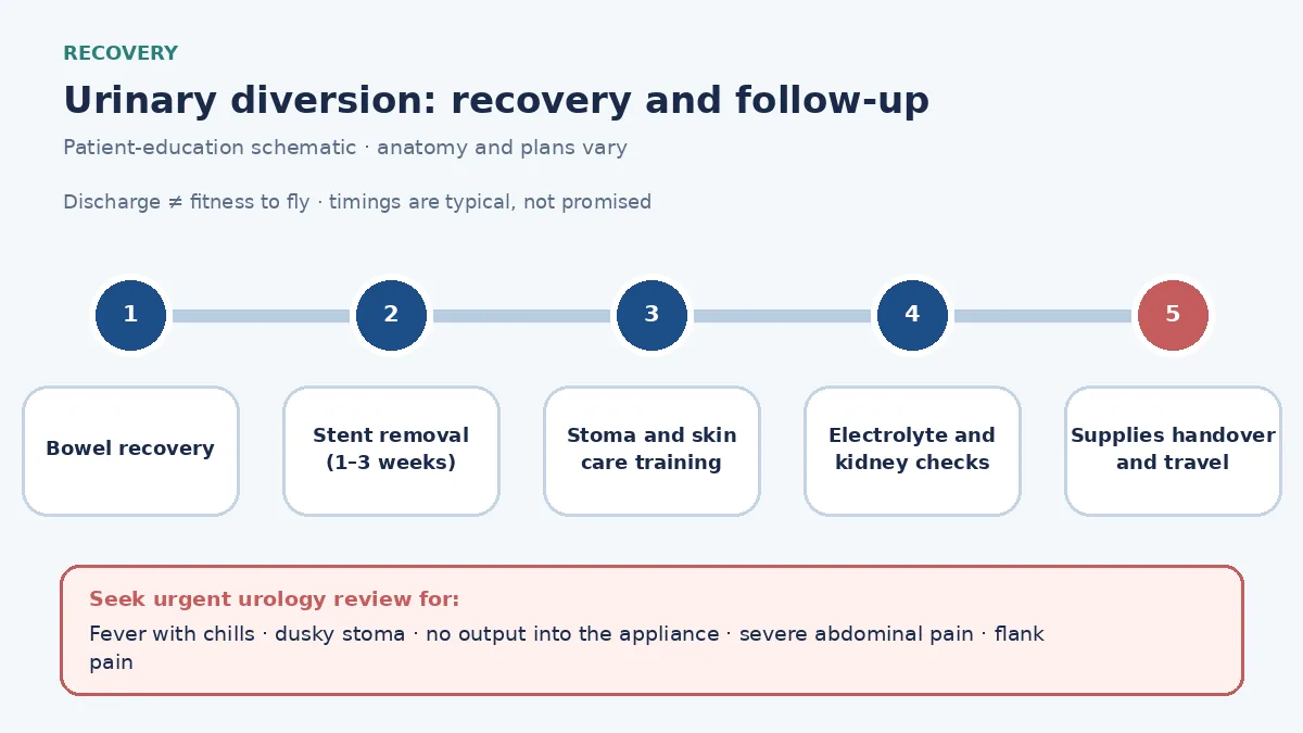 Urinary diversion recovery pathway infographic showing bowel recovery, stent removal, stoma and skin care training, electrolyte and kidney-function checks, supplies handover and travel clearance