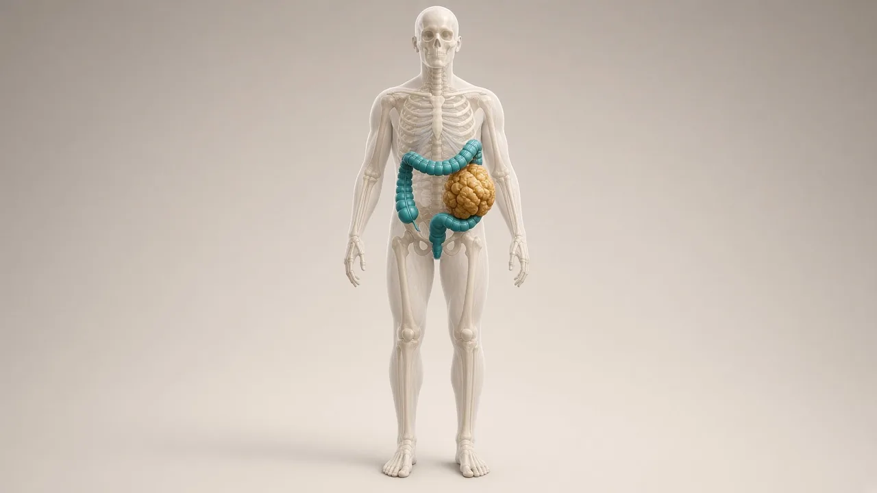 Transparent adult body with a teal colon and a gold tumour used to explain MSI-H/dMMR colon cancer immunotherapy