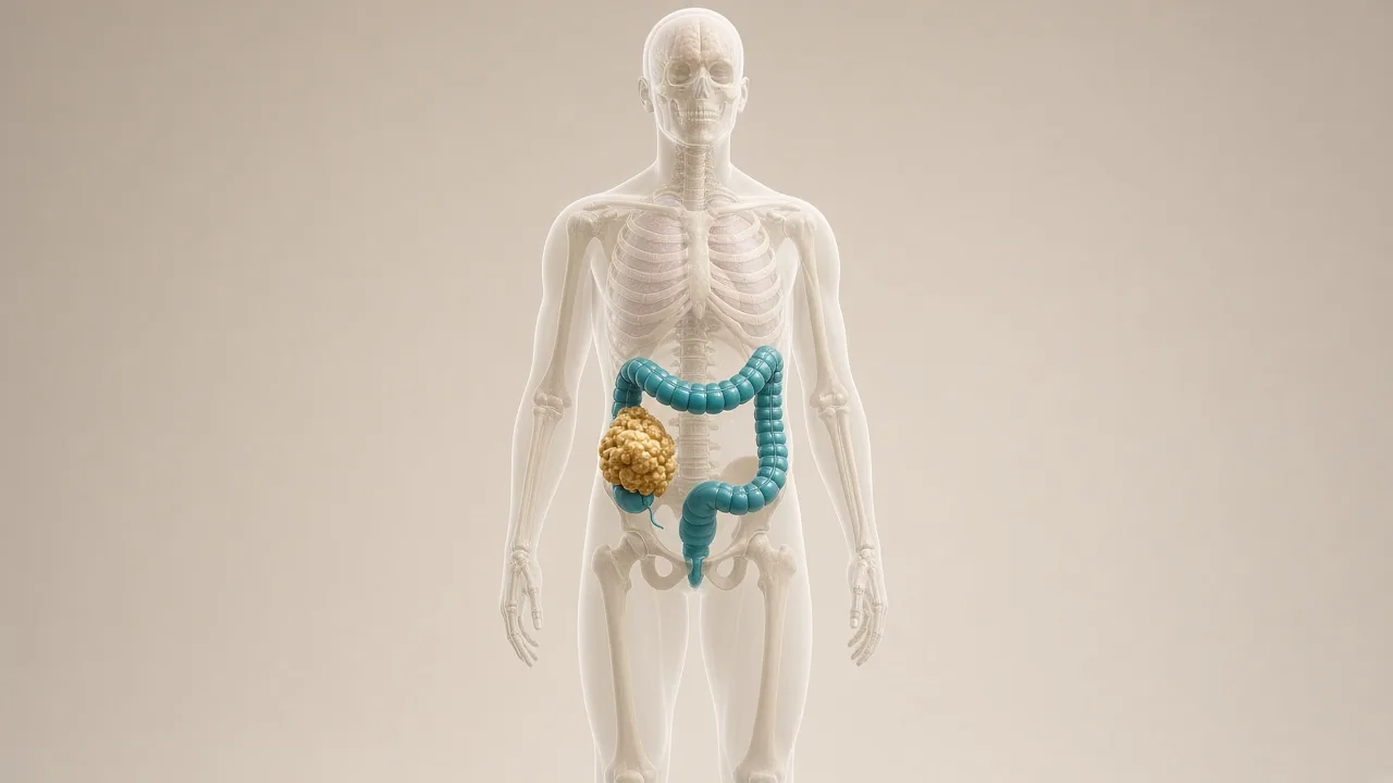 Transparent adult body with a teal colon and a gold tumour used to explain biomarker-directed colon cancer targeted therapy