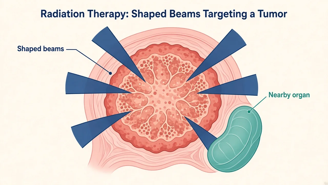 Illustration of shaped radiation beams conforming to a tumor outline while limiting a nearby organ