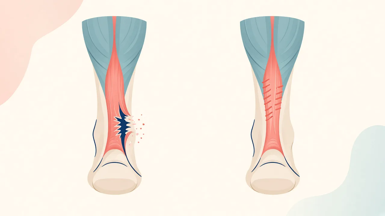 Illustration of an Achilles tendon rupture and conceptual suture repair