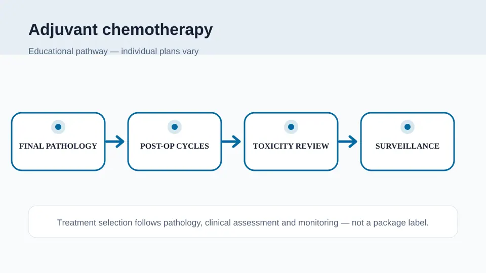Medical illustration showing final pathology review, post-operative chemotherapy cycles, toxicity checks and surveillance