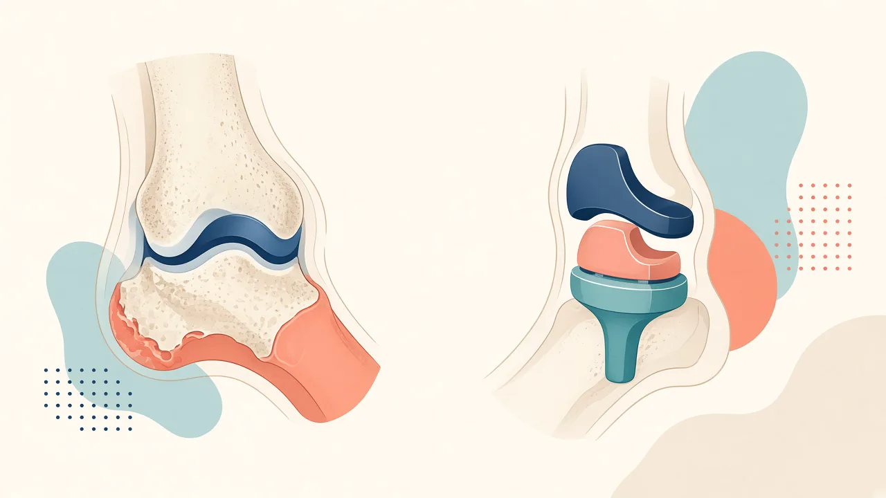 Illustration of a worn ankle joint and conceptual ankle replacement implants