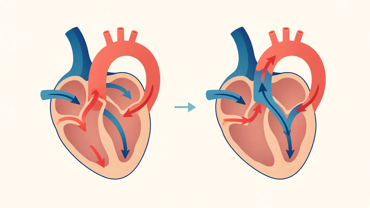 Illustration showing transposed great arteries and their reconnection during an arterial switch