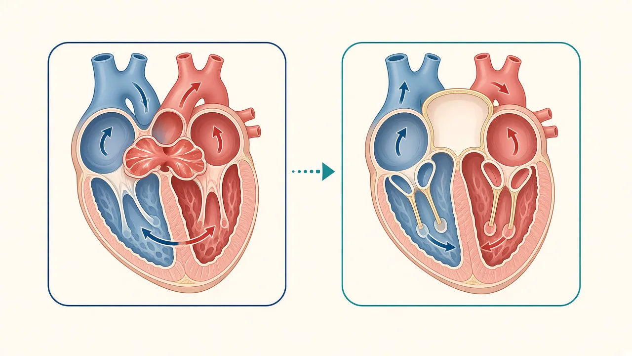 Illustration showing an atrioventricular septal defect and the concept of AVSD repair