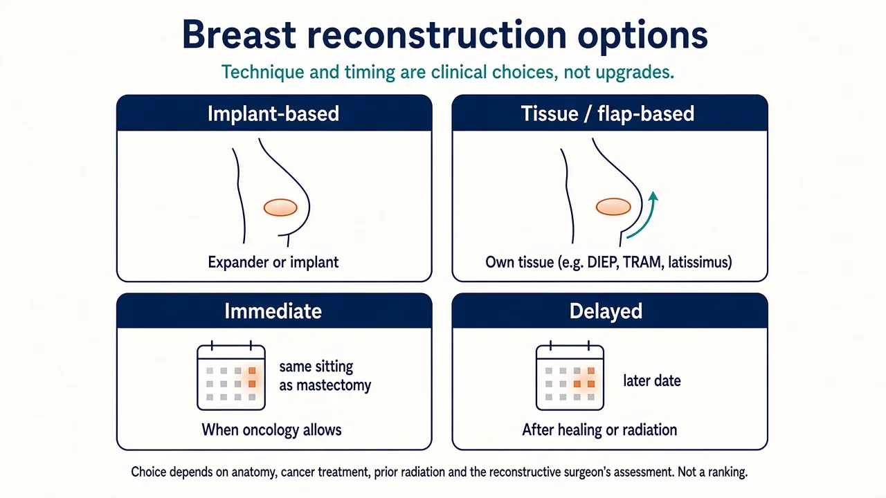 Breast reconstruction options including implant-based and flap-based reconstruction